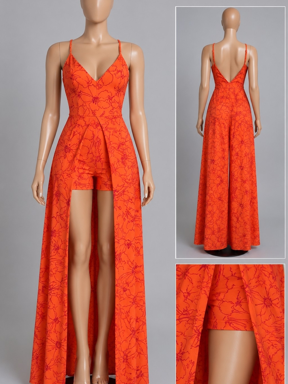 Guess Orange Floral Overlay Romper Dress